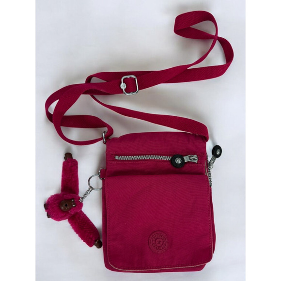 Kipling El Dorado Crossbody Travel Bag Organizer Very Berry Magenta W/ Monkey - Picture 14 of 14